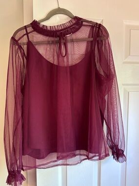 XXL j crew Sheer Long-Sleeve Blouse in Berry
